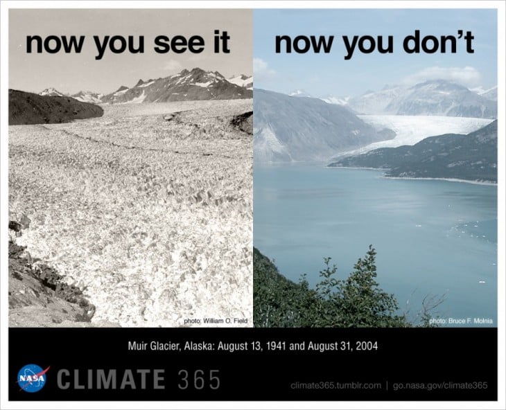 imagen comparativa del antes y después de como van desapareciendo los glaciares 