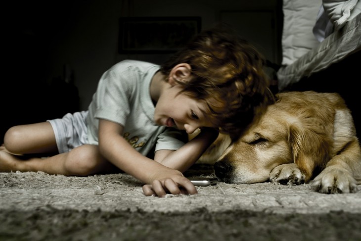 Niño jugando en el suelo con un perro