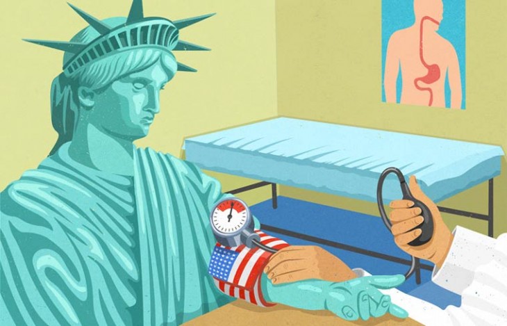 medico tomando la presión a la estatua de la libertad