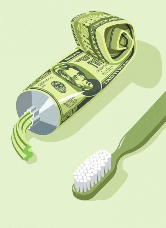Ilustración de una pasta de dientes con el diseño de un dollar 