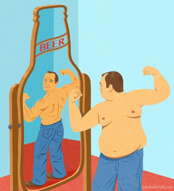 hombre gordo que frente al espejo en forma de cerveza se ve delgado