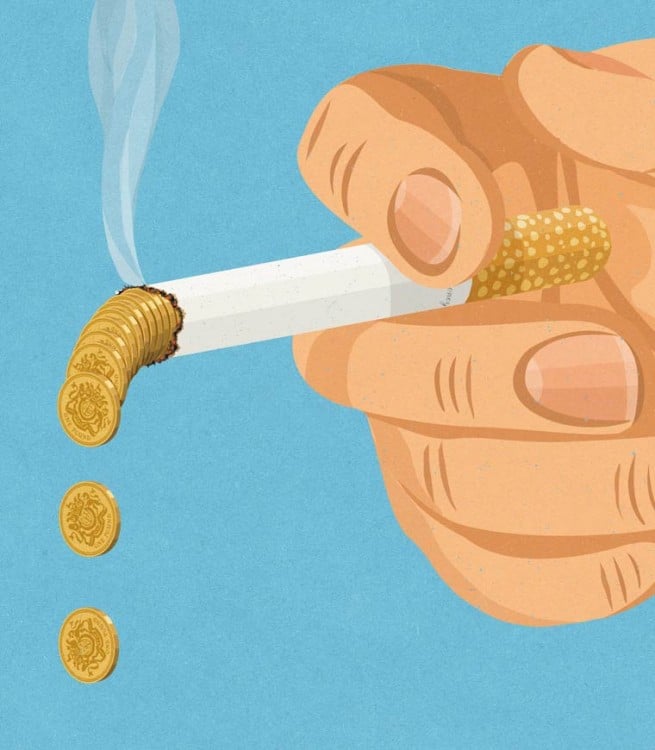 mano con un cigarro que en vez de ceniza tira monedas de oro