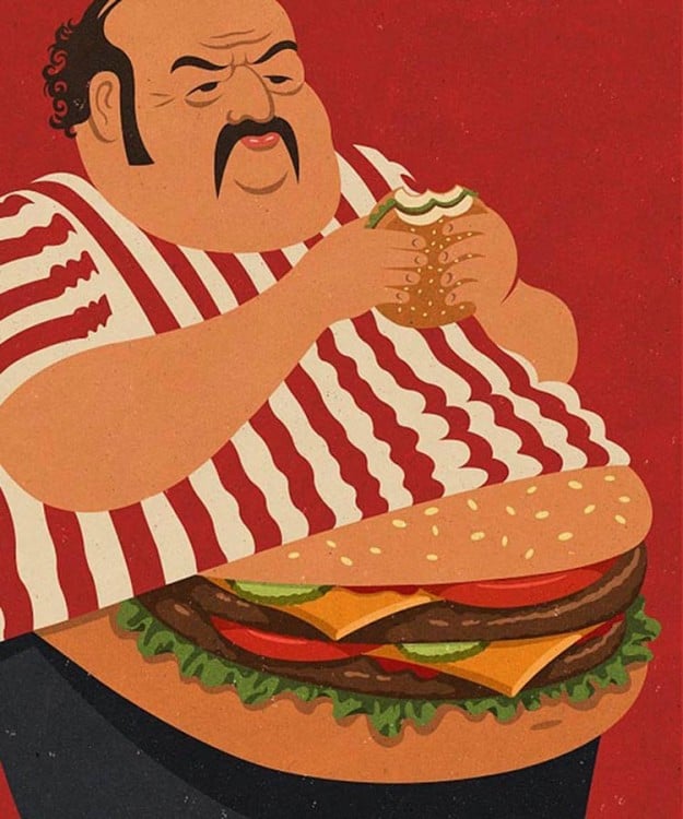 un hombre con cuerpo de hamburguesa comiendo 