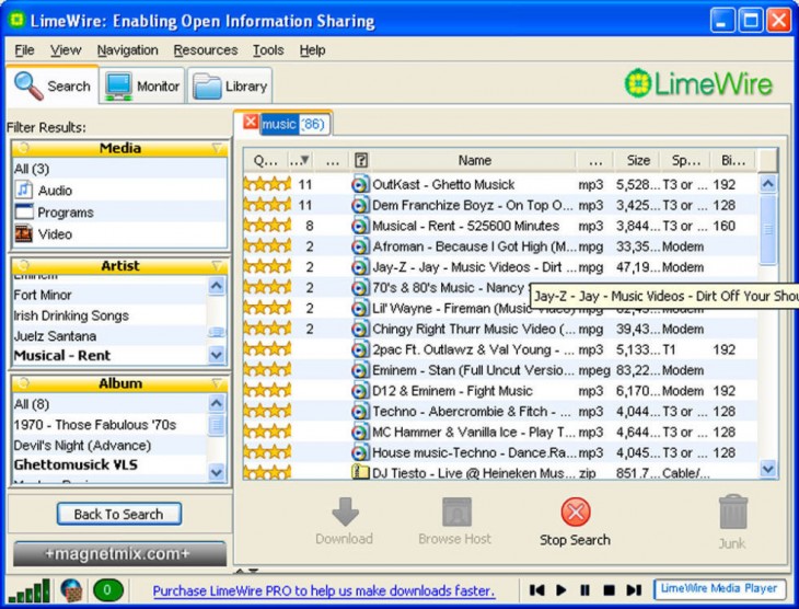 Pantalla de LimeWire para descargar música 