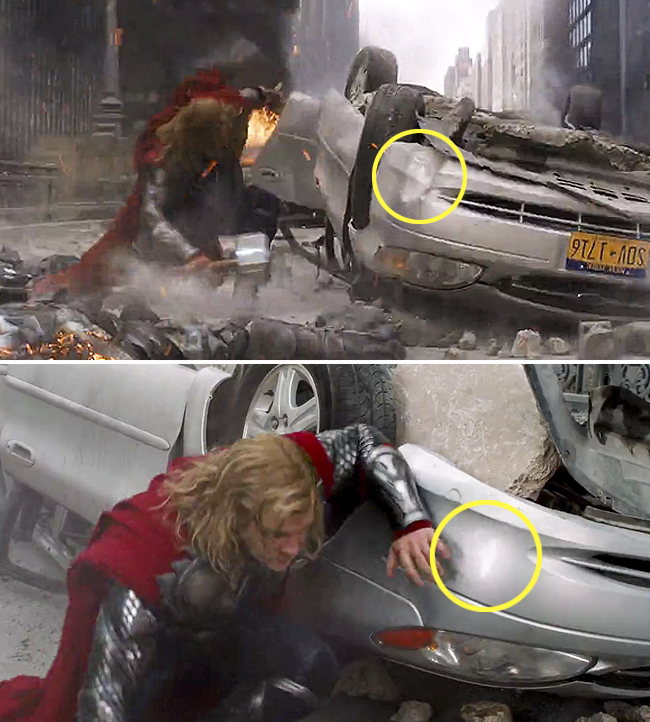 Error en una escena de la película Los Vengadores donde Thor destroza un carro 