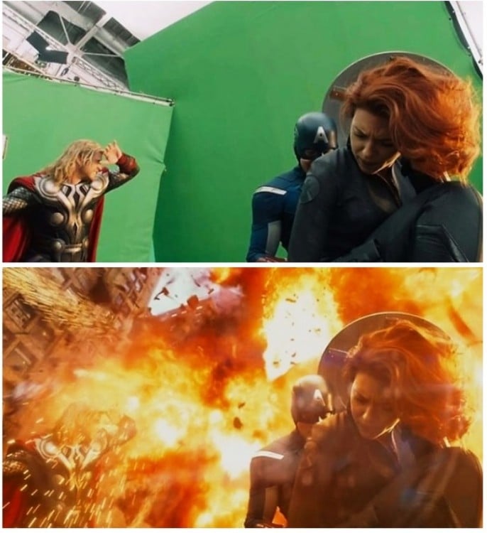 imagen antes y después de los efectos especiales en la película de los vengadores 