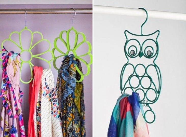 ganchos en forma de flor y búho ideales para acomodar bufandas en el closet 