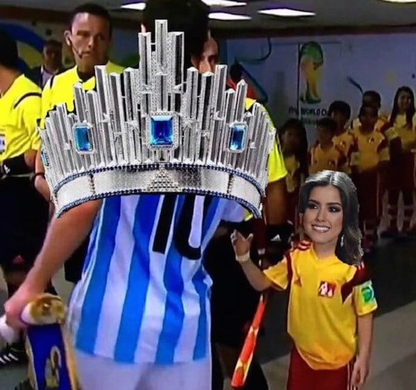meme de la messi ignorando a un niño con la corona y la miss colombia 2015 