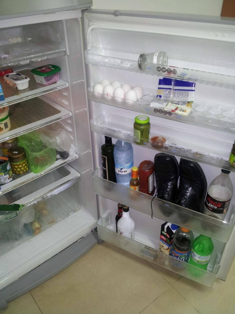 refrigerador con unos zapatos dentro en la puerta