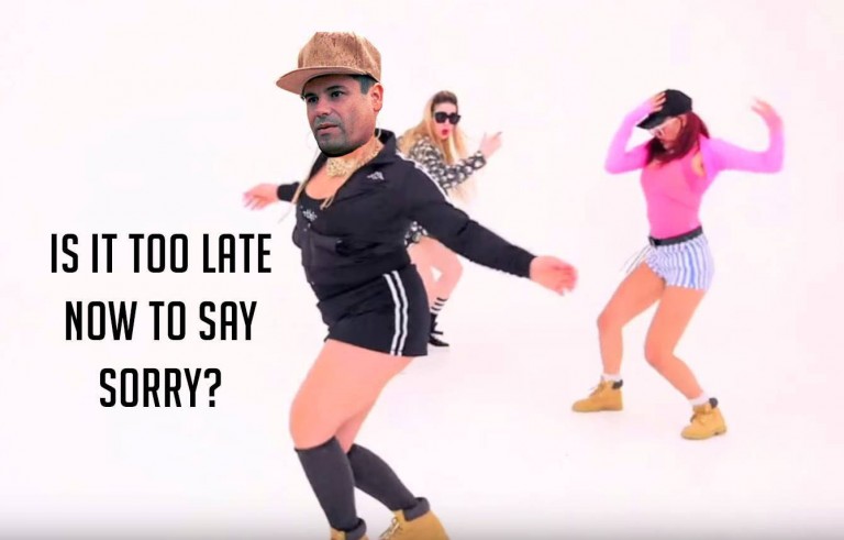 meme del chapo con cuerpo de mujer bailando la canción Sorry de Justin Bieber