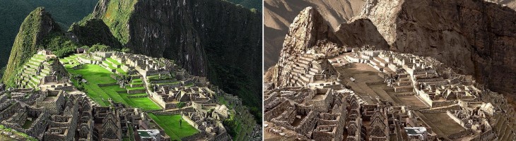 Fotografia de antes e depois de seca extrema em Machu Picchu, Peru 