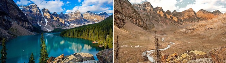 quadro comparativo de antes e depois do Parque Nacional de Banff, Canadá para uma possível seca 