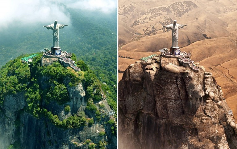 quadro comparativo do Cristo Redentor no Rio de Janeiro antes e depois de uma possível Seca