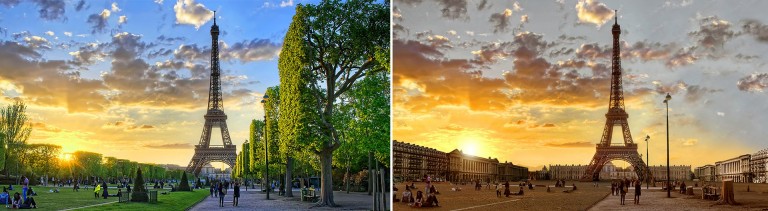 imagem comparativa antes e depois da Torre Eiffel, em Paris a seca extrema