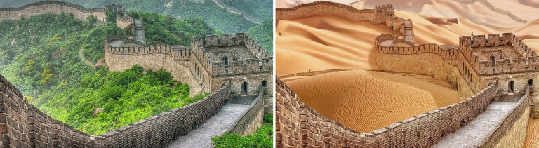 comparar a imagem antes e depois de uma possível seca na Grande Muralha da China