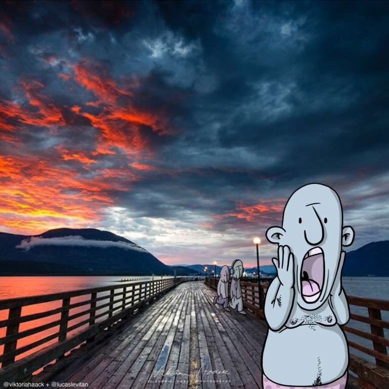 muelle en un mar con algunos dibujos simulando la famosa pintura de "el grito"