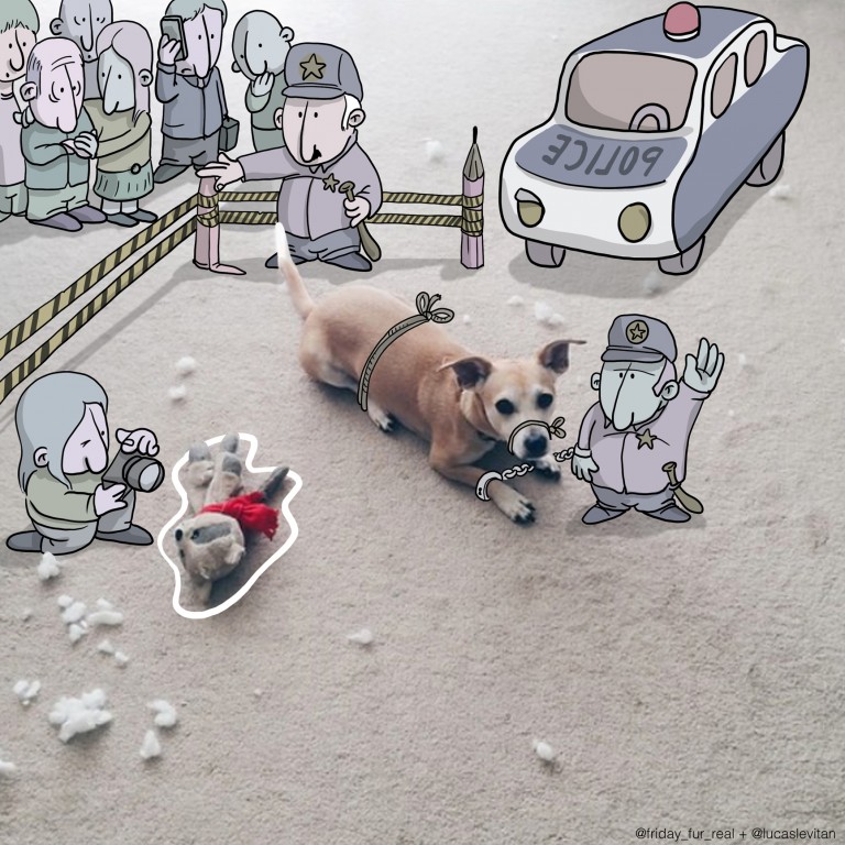 ilustración de un perro arrestado por la policía a lado del cuerpo de un oso de peluche