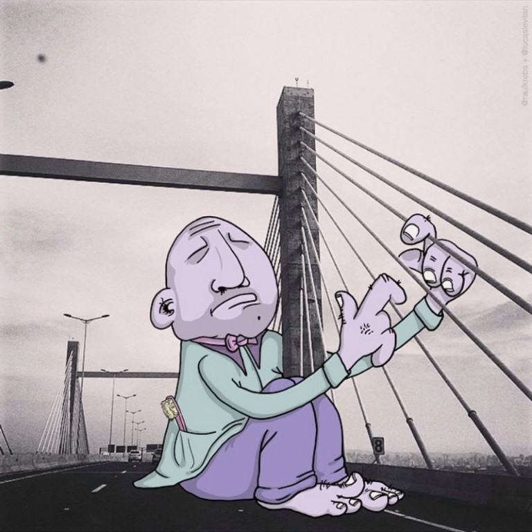 fotografía de un dibujo tocando las cuerdas de un gran puente