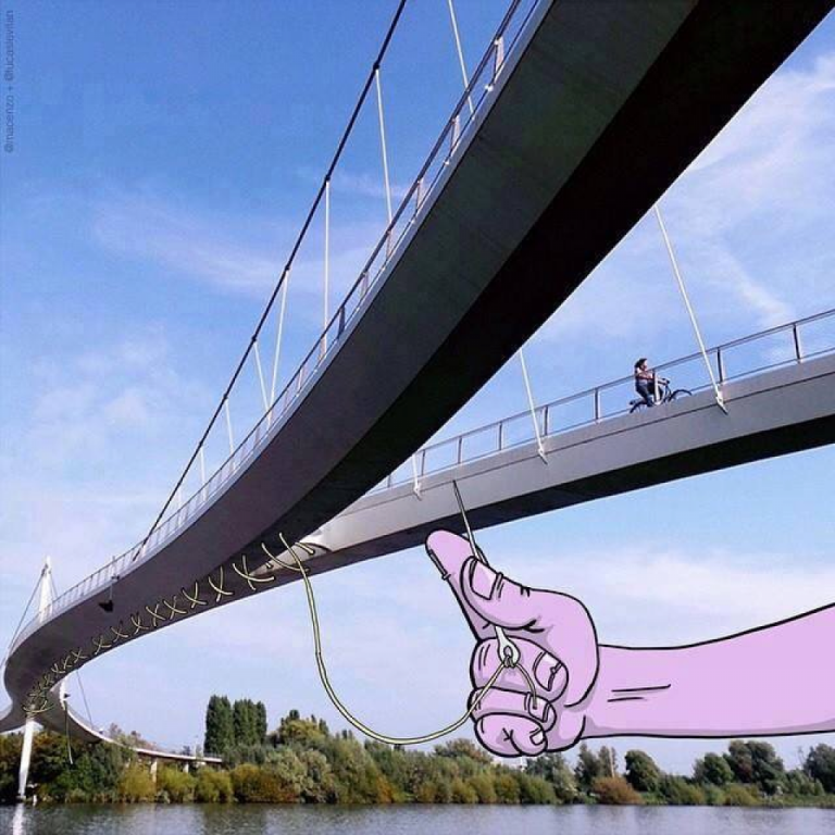 ilustración de una mano cocienco un puente