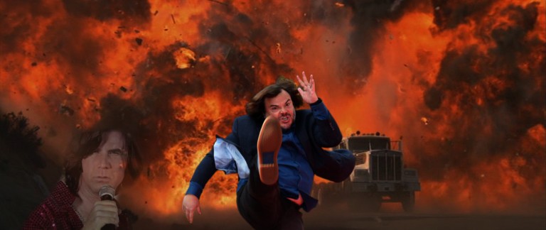 photoshop de jack black dando una patada en un fondo de una explosión