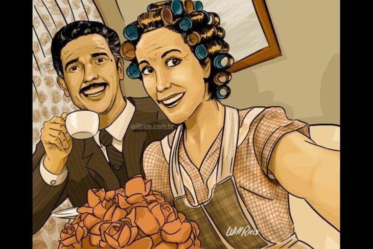 ilustración will ríos selfie de doña florinda y el profesor jirafales tomando el café