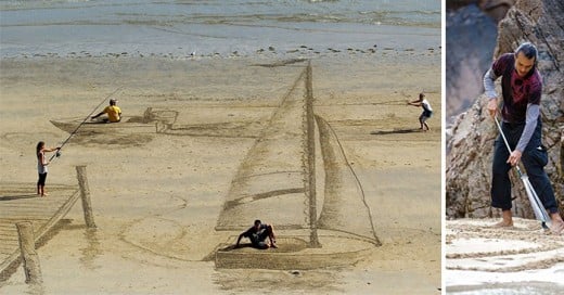 arista crea arte 3d en la arena de la playa