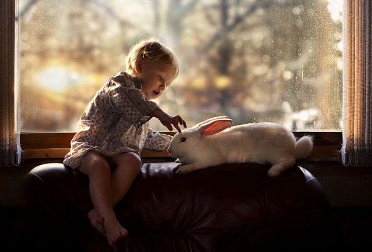 niño acariciando su conejo