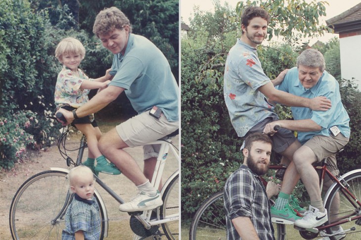 padre e hijos recrean foto con 20 años de diferencia andando en la bicicleta