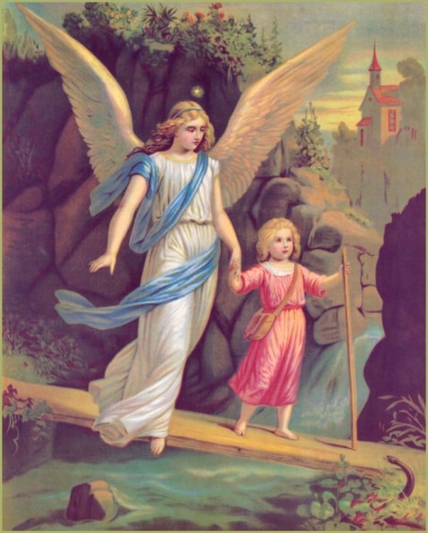 un ángel que lleva de la mano niño