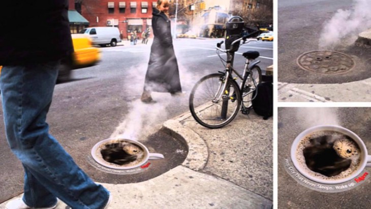 Alcantarillado lanza vapor semejando una taza de café (publicidad)