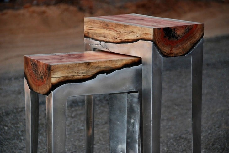 Mesas hechas con madera y aluminio a la vez 