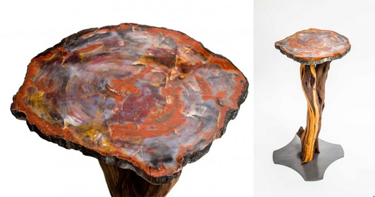 Mesa con el diseño de un tronco con cuarzos 