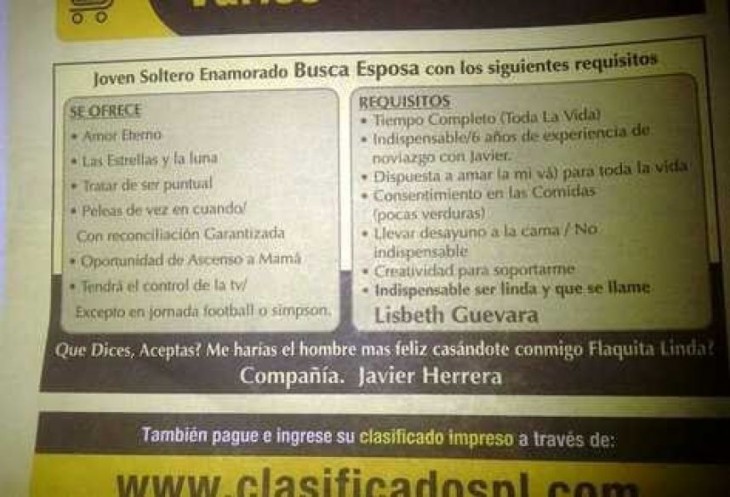 Anuncio en el periódico donde una persona le pide matrimonio a una chica 