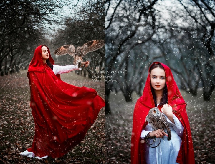 mujer capa roja con buho