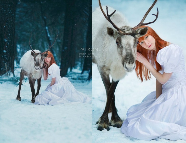 mujer de blanco con un reno