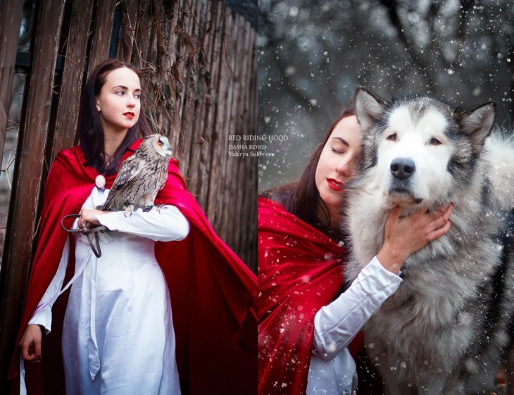 mujer capa roja y lobo con buho