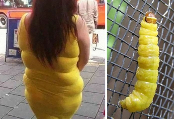 mujer vestida de amarillo que se parece a un gusano