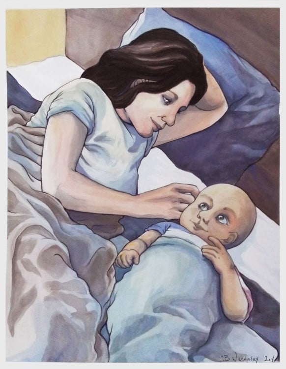 dibujo madre con su hijo acostado