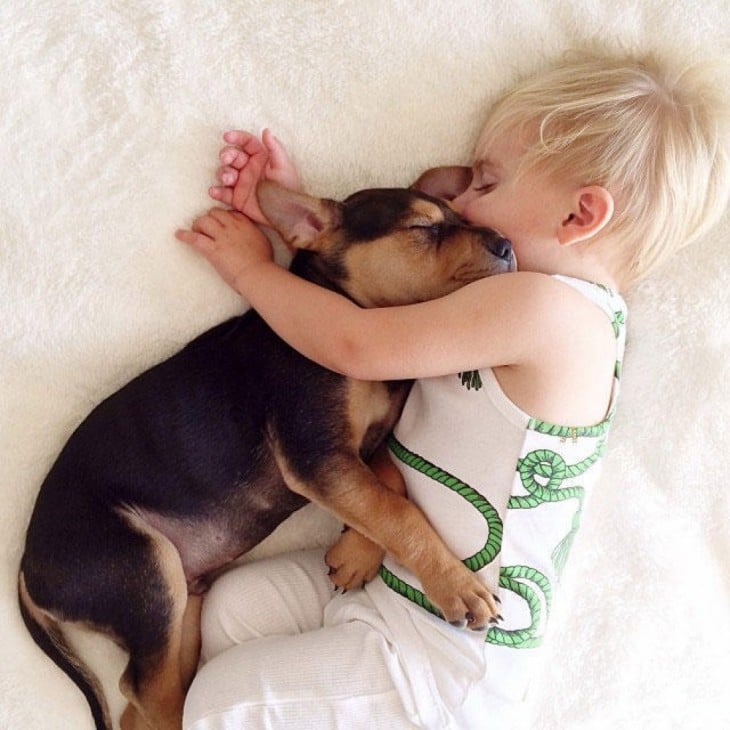 niño y perro dormidos abrazados