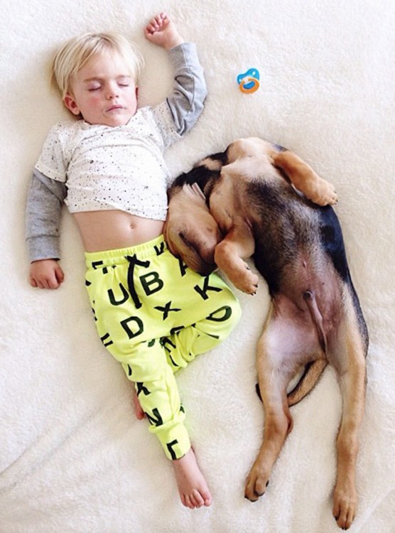 niño con pijama de color amarillo de letras dormido con perro