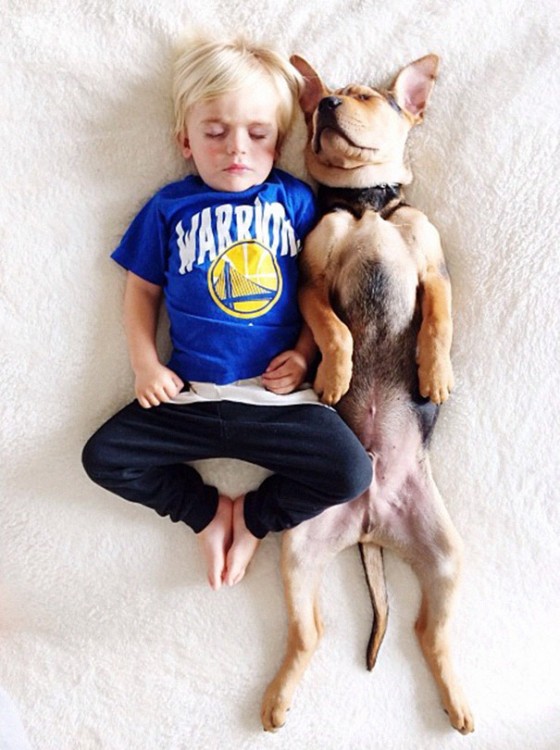 niño vestido con playera azul y pantalon azul dormido boca arriba con su perro