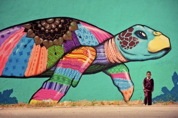 tortuga pintada en un muro de muchos colores