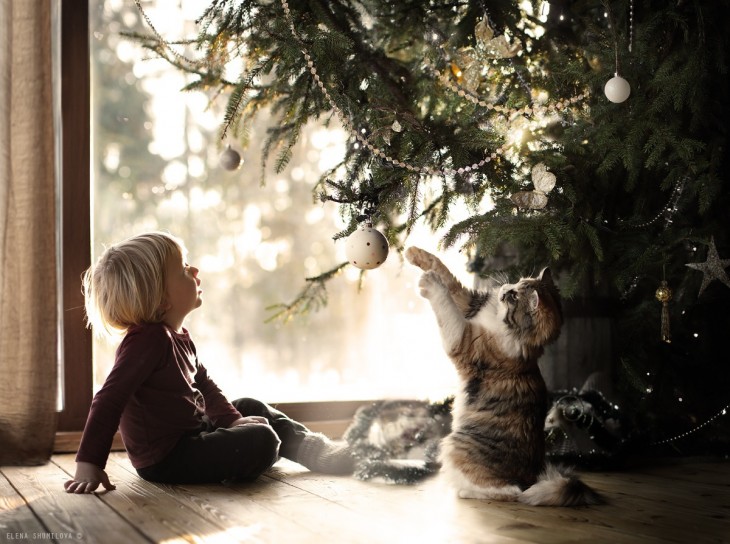 niño y gato jugando