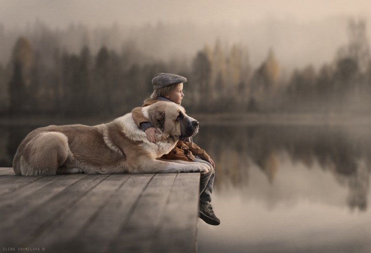 niño y perro en muelle del lago