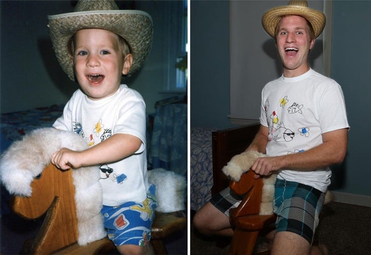 niño arriba de un caballito con un sombrero, en la otra foto joven arriba sobre un caballito de madera