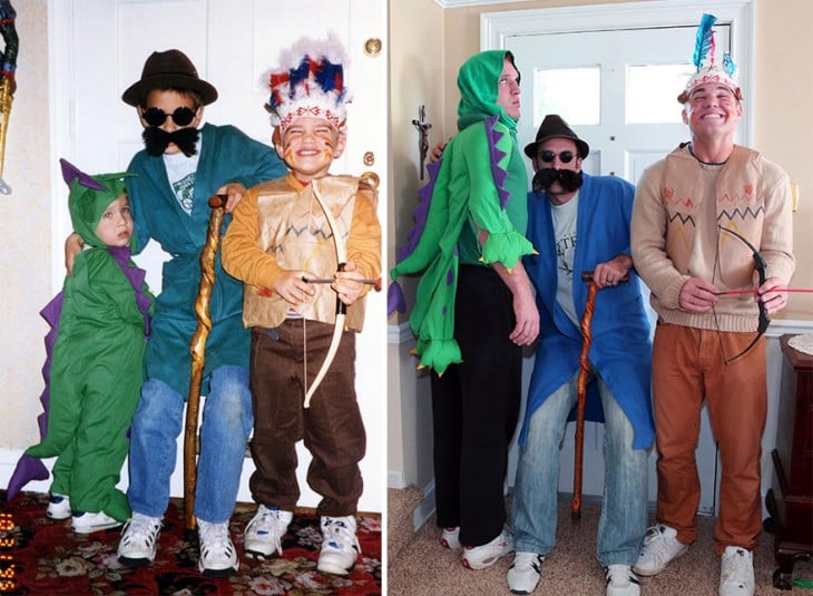 disfraz de halloween de dragon, apache y un anciado, recreacion de los hermanos cuando ya estan grandes con el mismo disfraz