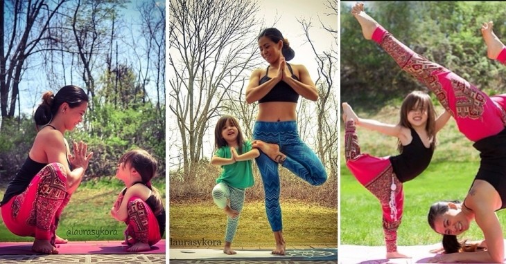 tres imagenes en donde madre e hija hacen yoga