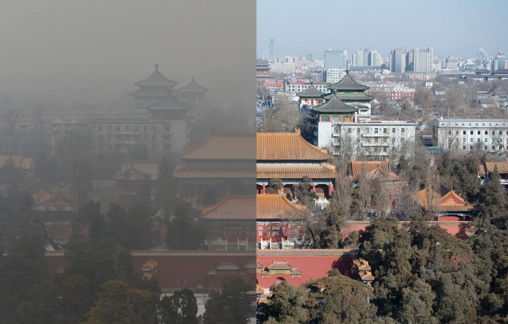 Peking China, con y sin niebla