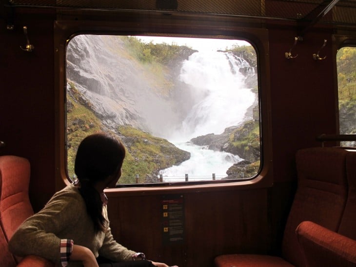 Mujer viajando en tren con un paisaje de fondo 