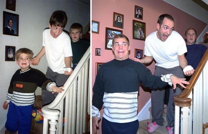 tres hermanos sorprendidos bajando las escaleras